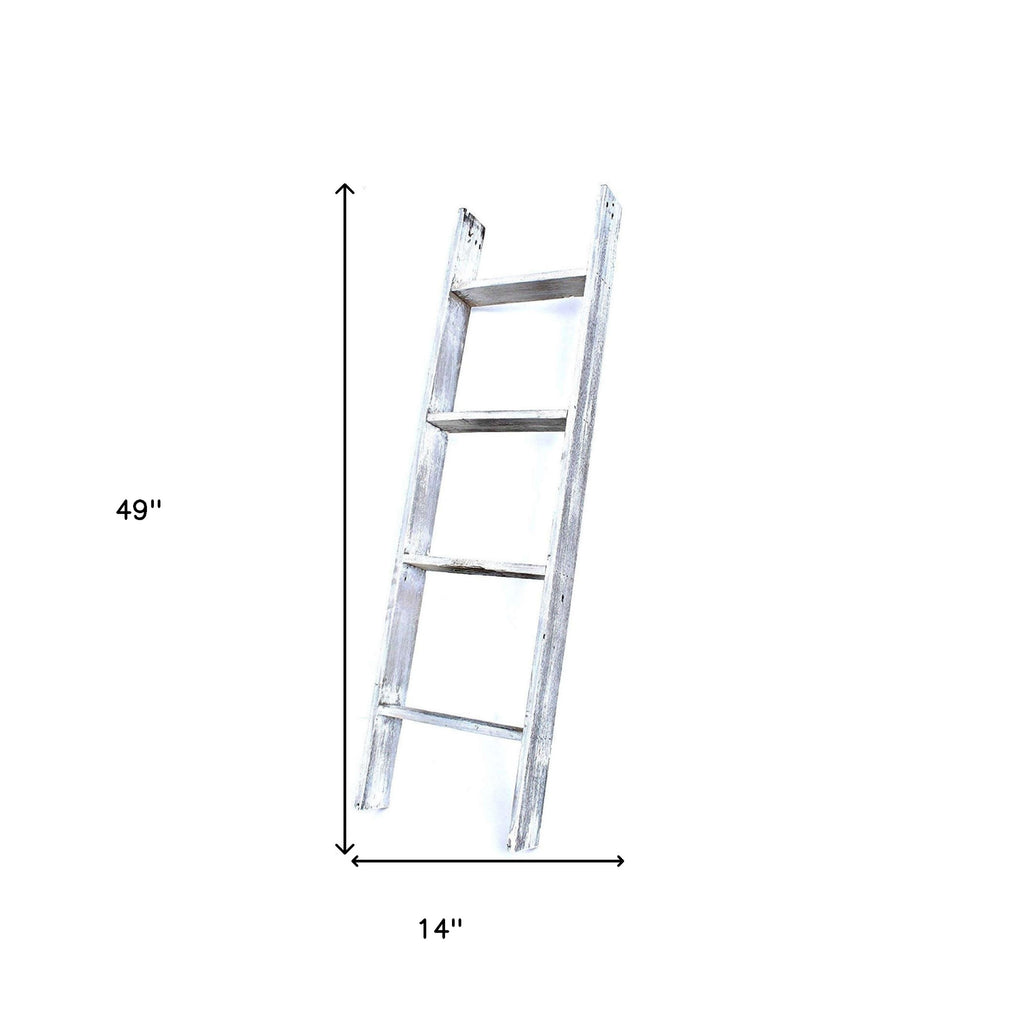 LuxxHomes  49" Whitewash Rustic Four Step Wood Ladder Shelf