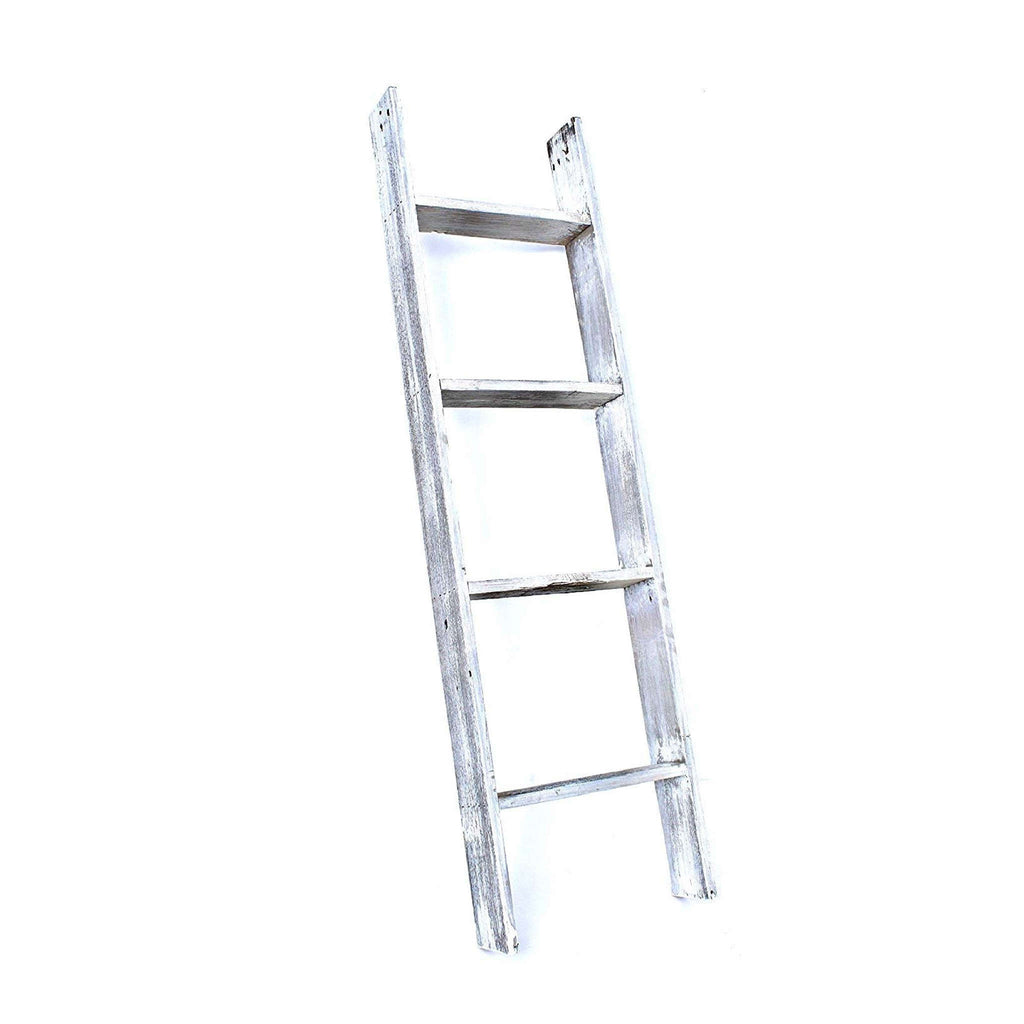 LuxxHomes  49" Whitewash Rustic Four Step Wood Ladder Shelf