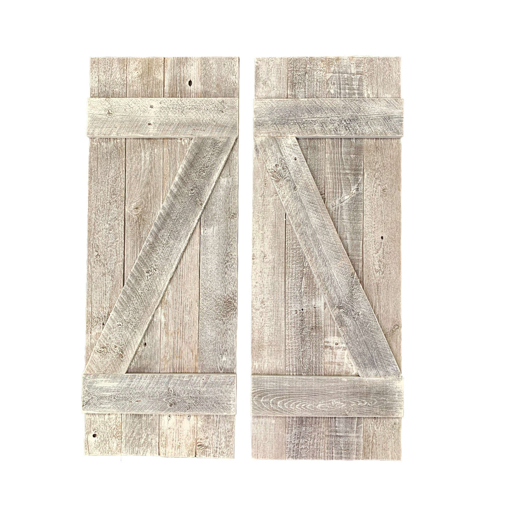 LuxxHomes  Set Of Two Rustic Weathered Grey Wood Decorative Window Shutters