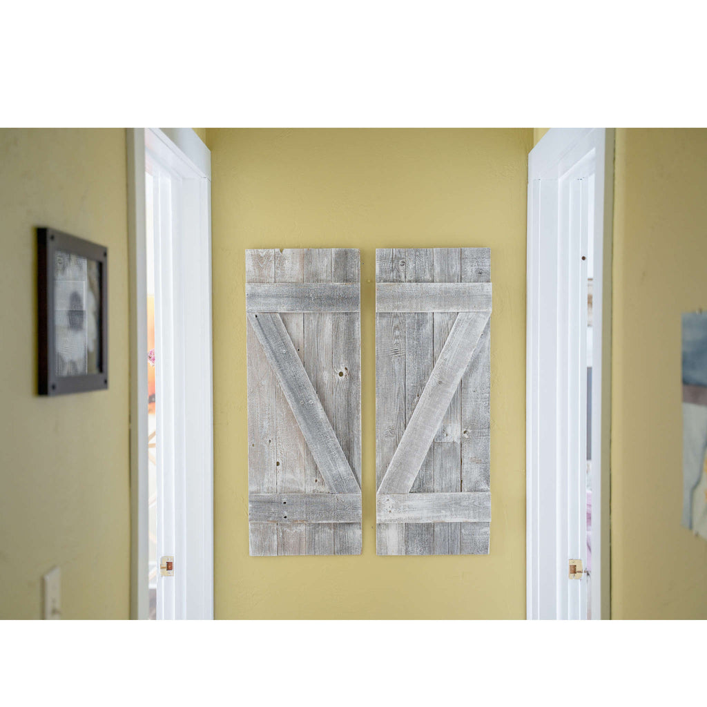 LuxxHomes  Set Of Two Rustic Weathered Grey Wood Decorative Window Shutters