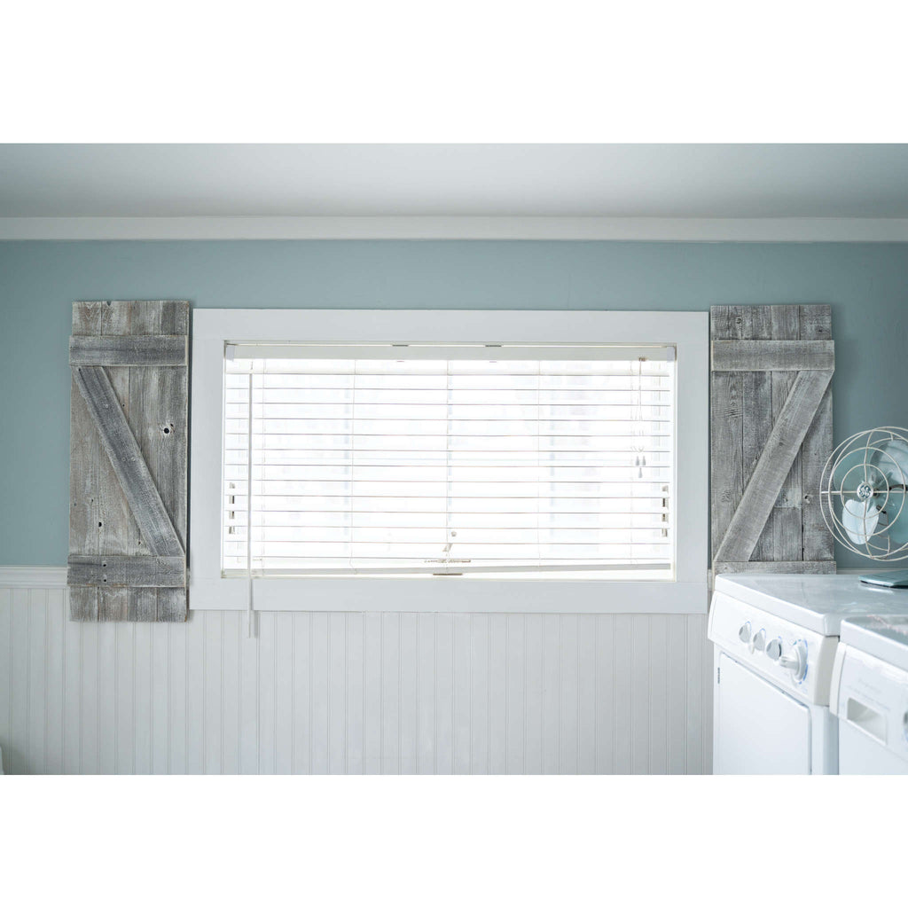 LuxxHomes  Set Of Two Rustic Weathered Grey Wood Decorative Window Shutters