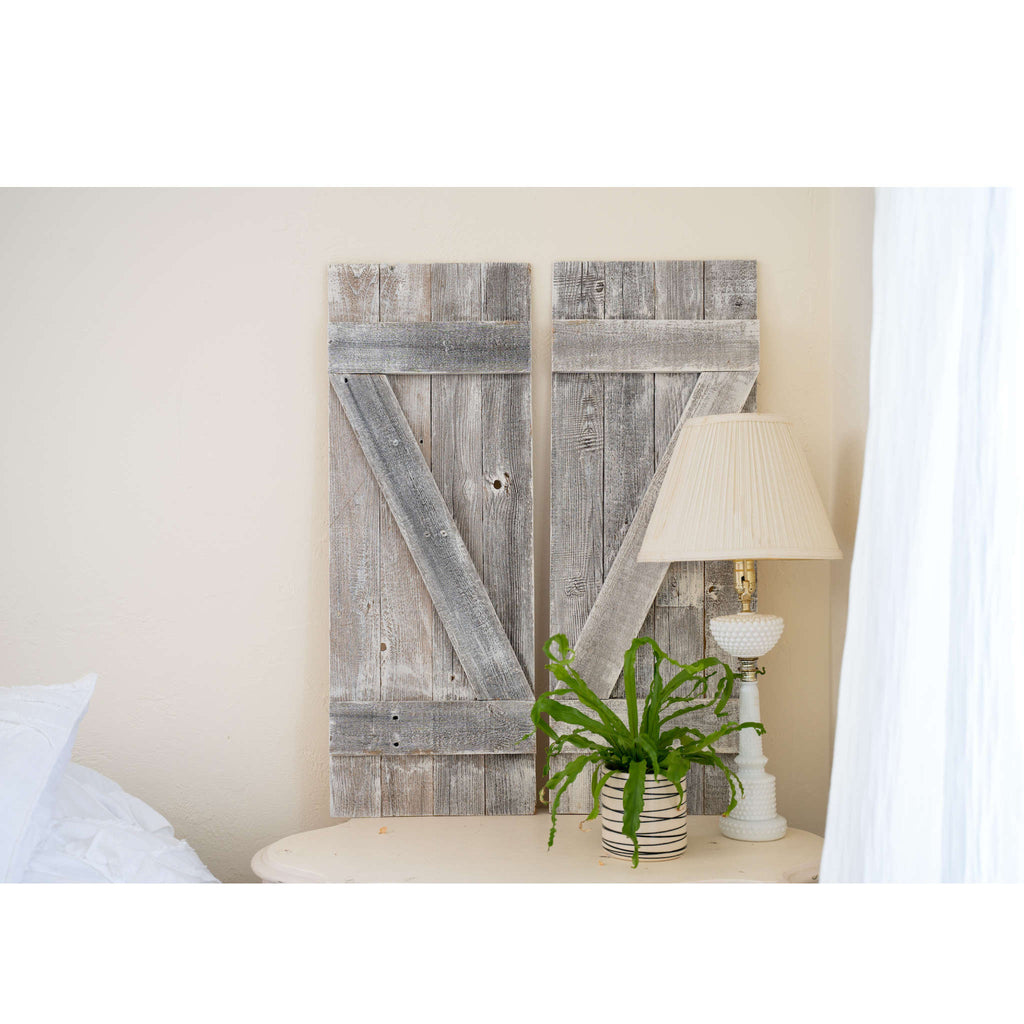 LuxxHomes  Set Of Two Rustic Weathered Grey Wood Decorative Window Shutters