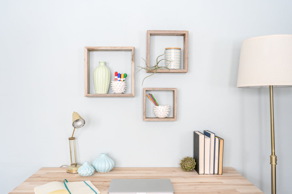 Set Of 3 Square Rustic White Wash Wood Open Box Shelve