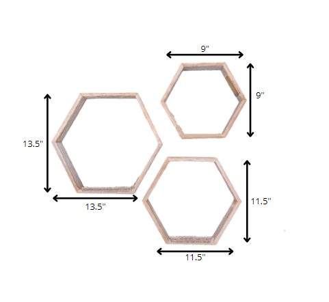 LuxxHomes  Set Of 3 Hexagon Rustic Natural Weathered Grey Wood Open Box Shelve