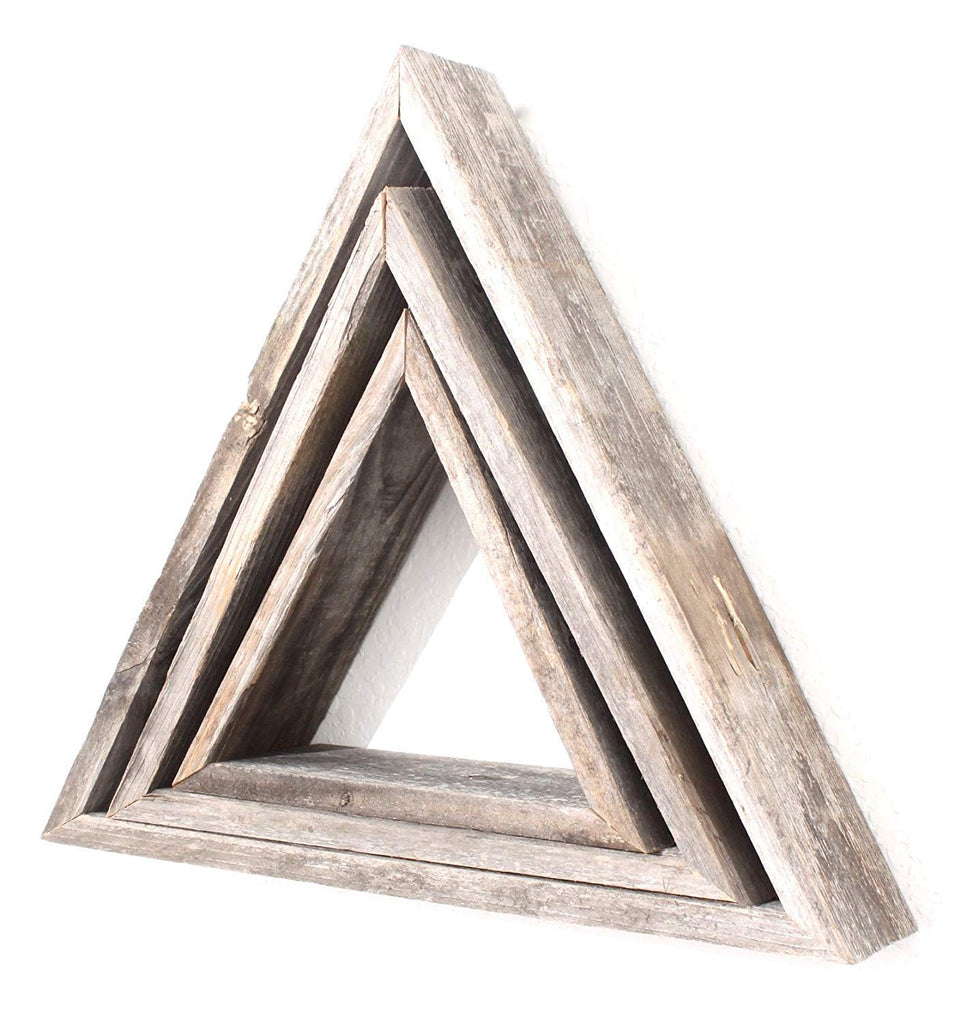 LuxxHomes  Set Of 3 Triangle Rustic Natural Weathered Grey Wood Open Box Shelve