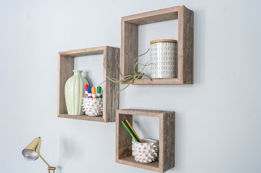 LuxxHomes  Rustic Farmhouse Set Of 3 Square Shadow Box Shelves