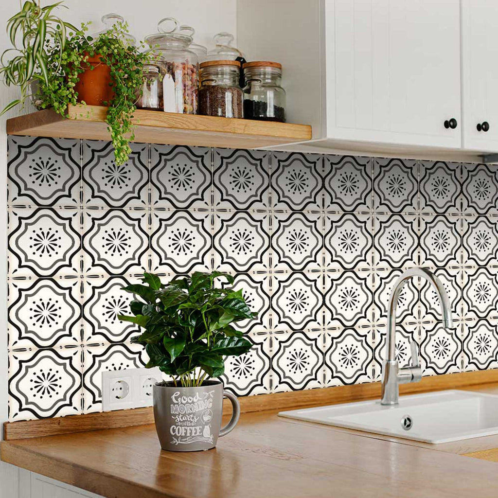 LuxxHomes  4" X 4" Black And White Mosaic Peel And Stick Removable Tiles