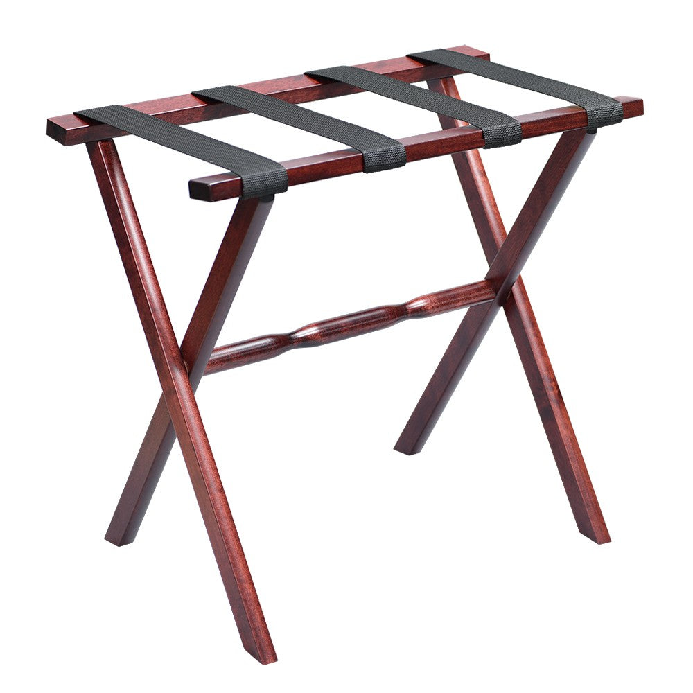 LuxxHomes  Hotel Cherry Mahogany Folding Luggage Rack With Black Straps