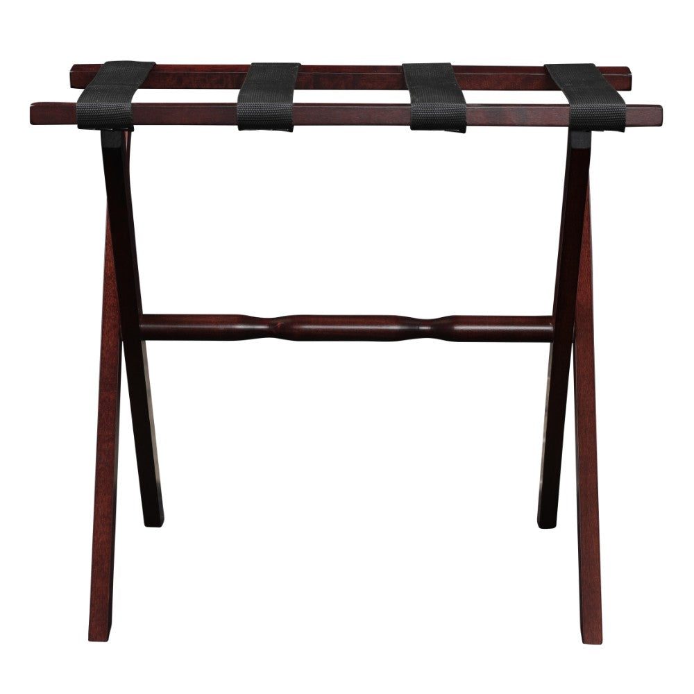 LuxxHomes  Hotel Cherry Mahogany Folding Luggage Rack With Black Straps