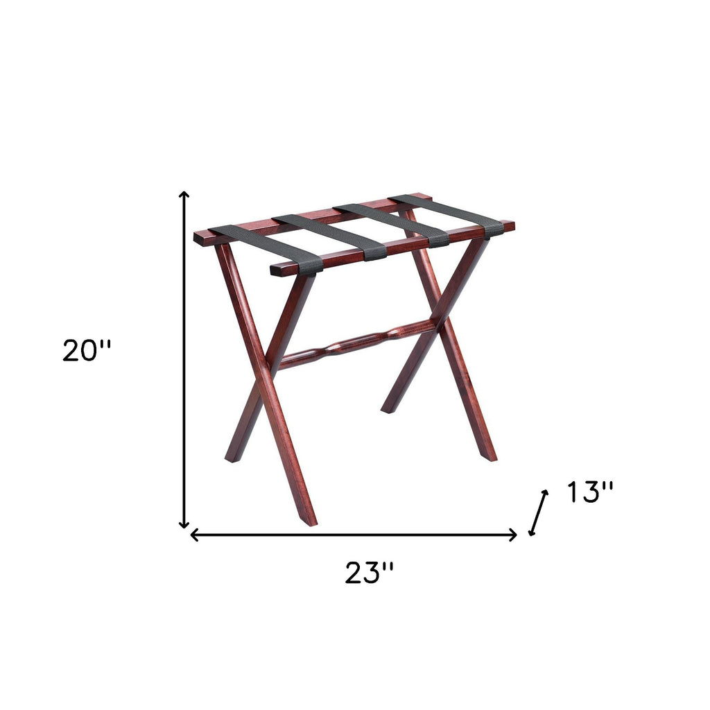 LuxxHomes  Hotel Cherry Mahogany Folding Luggage Rack With Black Straps