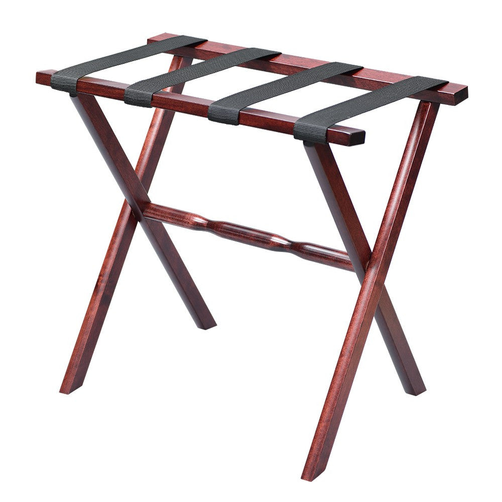 LuxxHomes  Hotel Cherry Mahogany Folding Luggage Rack With Black Straps