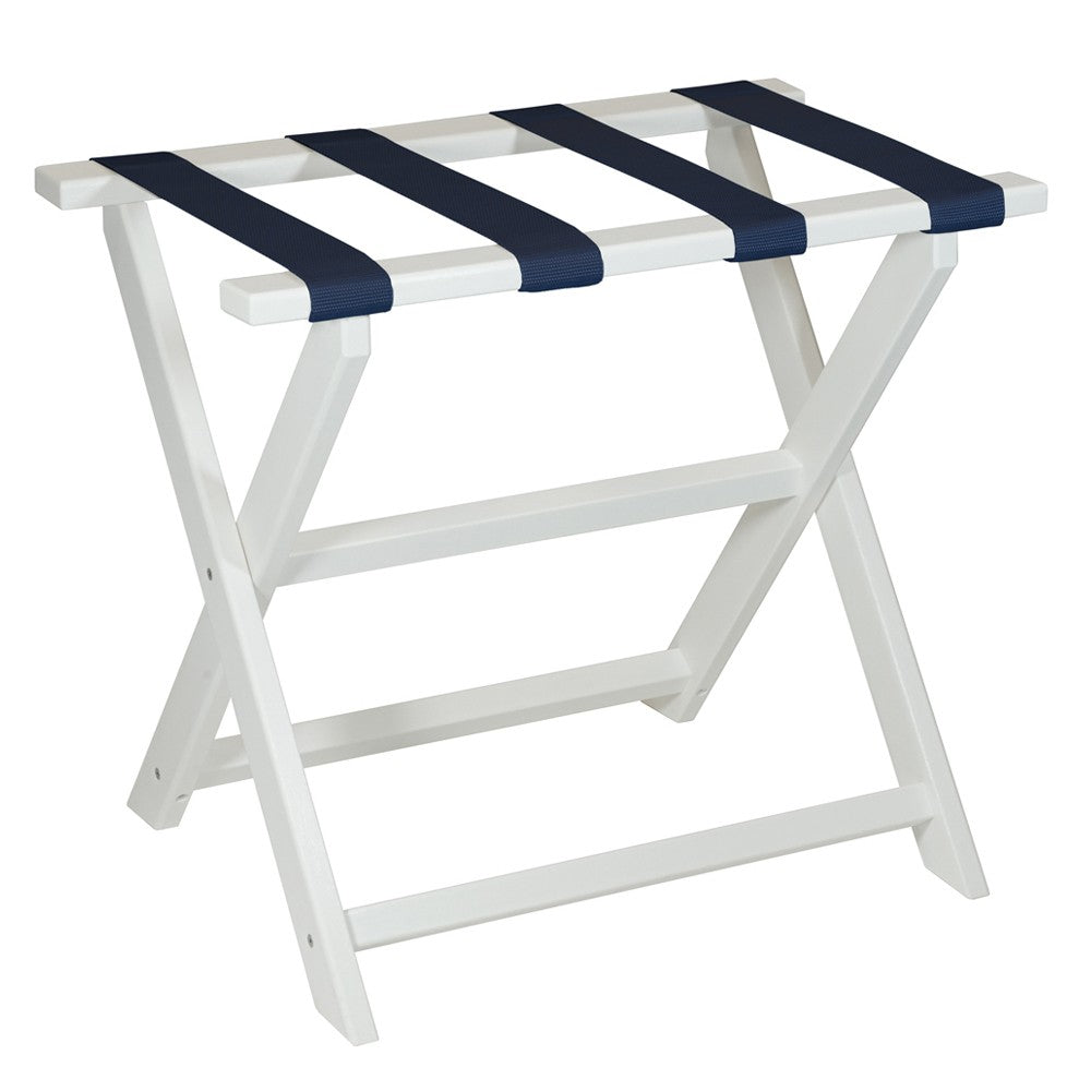 LuxxHomes  Earth Friendly White Folding Luggage Rack With Navy Straps