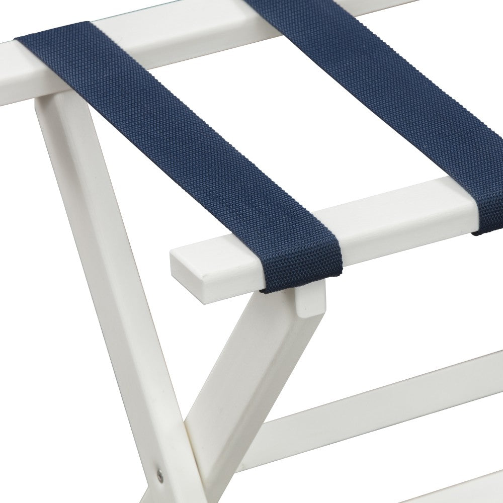 LuxxHomes  Earth Friendly White Folding Luggage Rack With Navy Straps