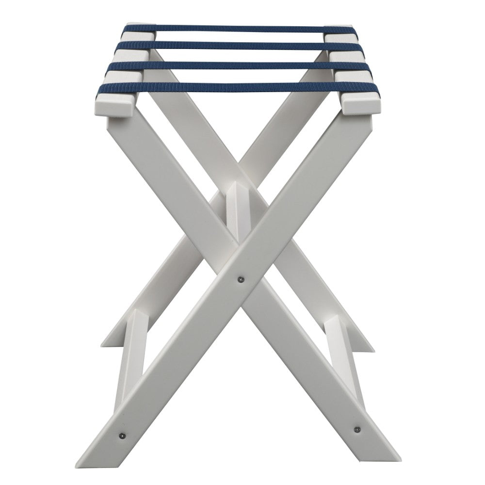 LuxxHomes  Earth Friendly White Folding Luggage Rack With Navy Straps