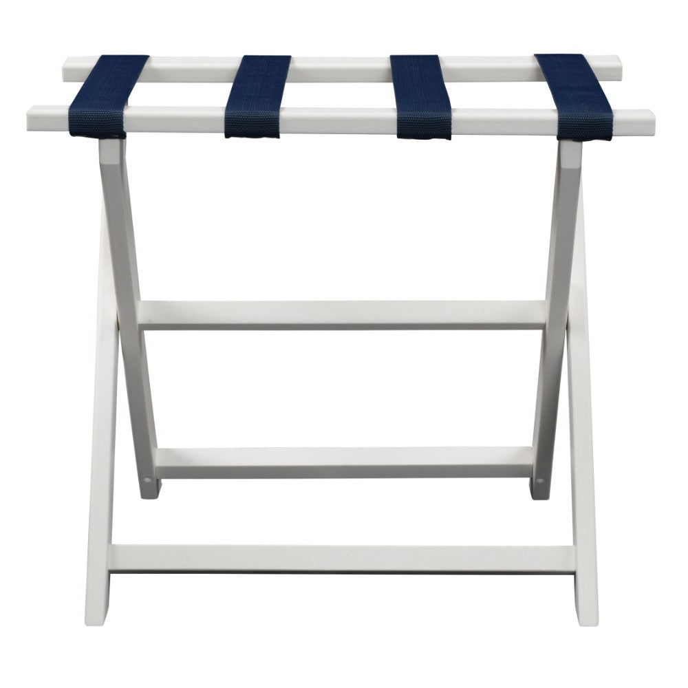 LuxxHomes  Earth Friendly White Folding Luggage Rack With Navy Straps