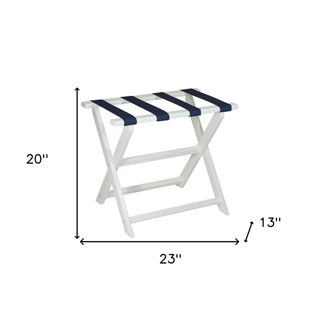 LuxxHomes  Earth Friendly White Folding Luggage Rack With Navy Straps