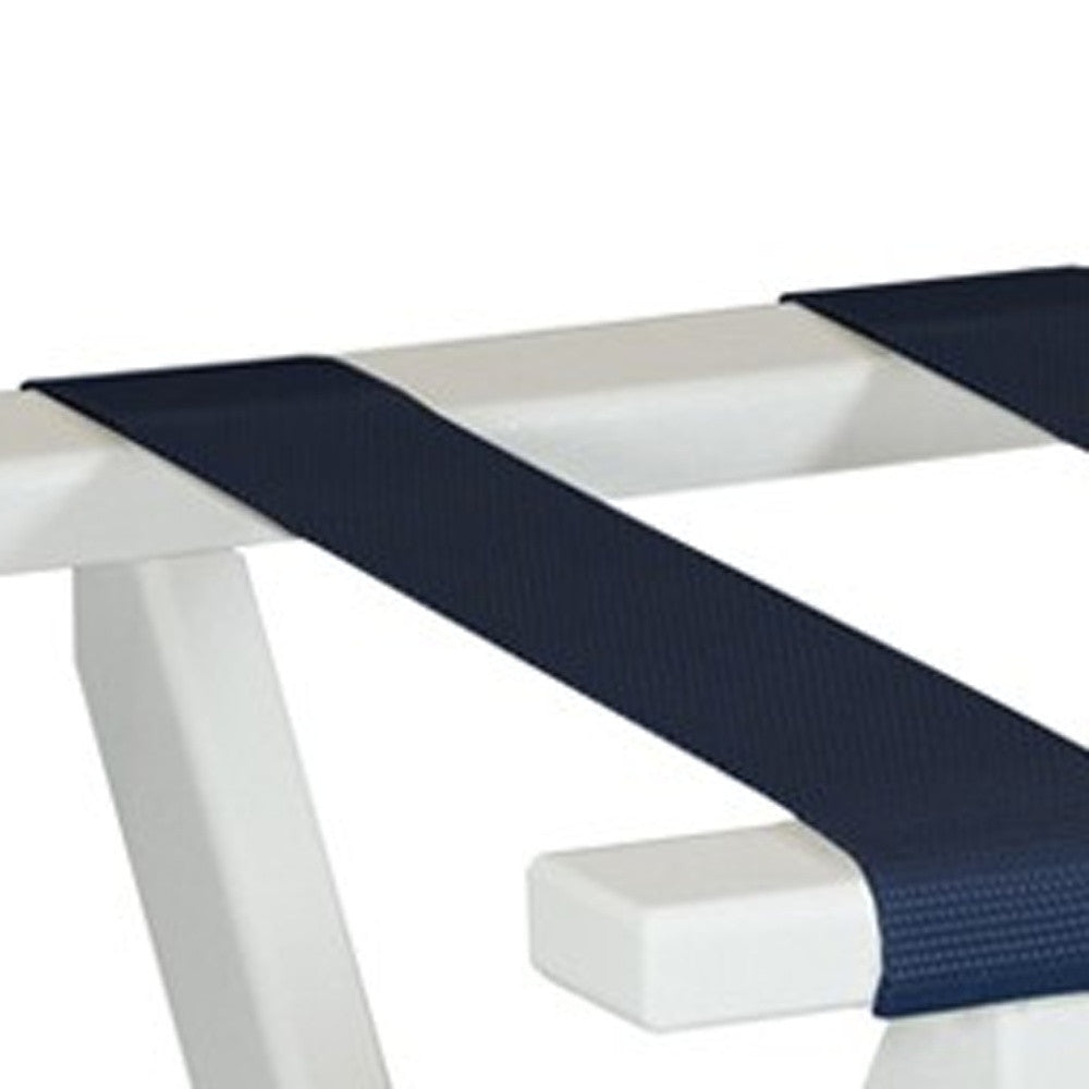 LuxxHomes  Earth Friendly White Folding Luggage Rack With Navy Straps