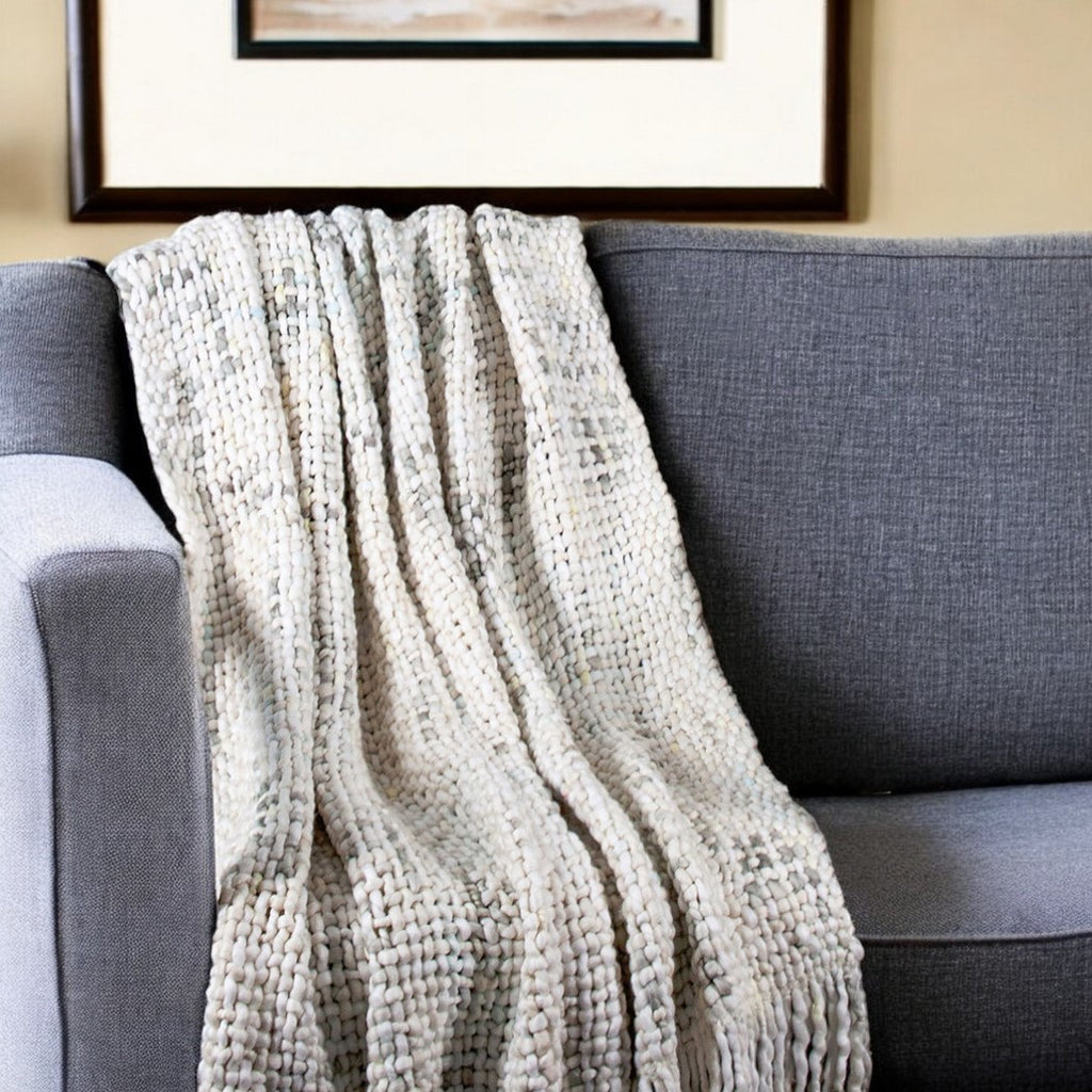 50" X 60" White and Natural Basketweave Acrylic Plush Throw Blanket with Tassels