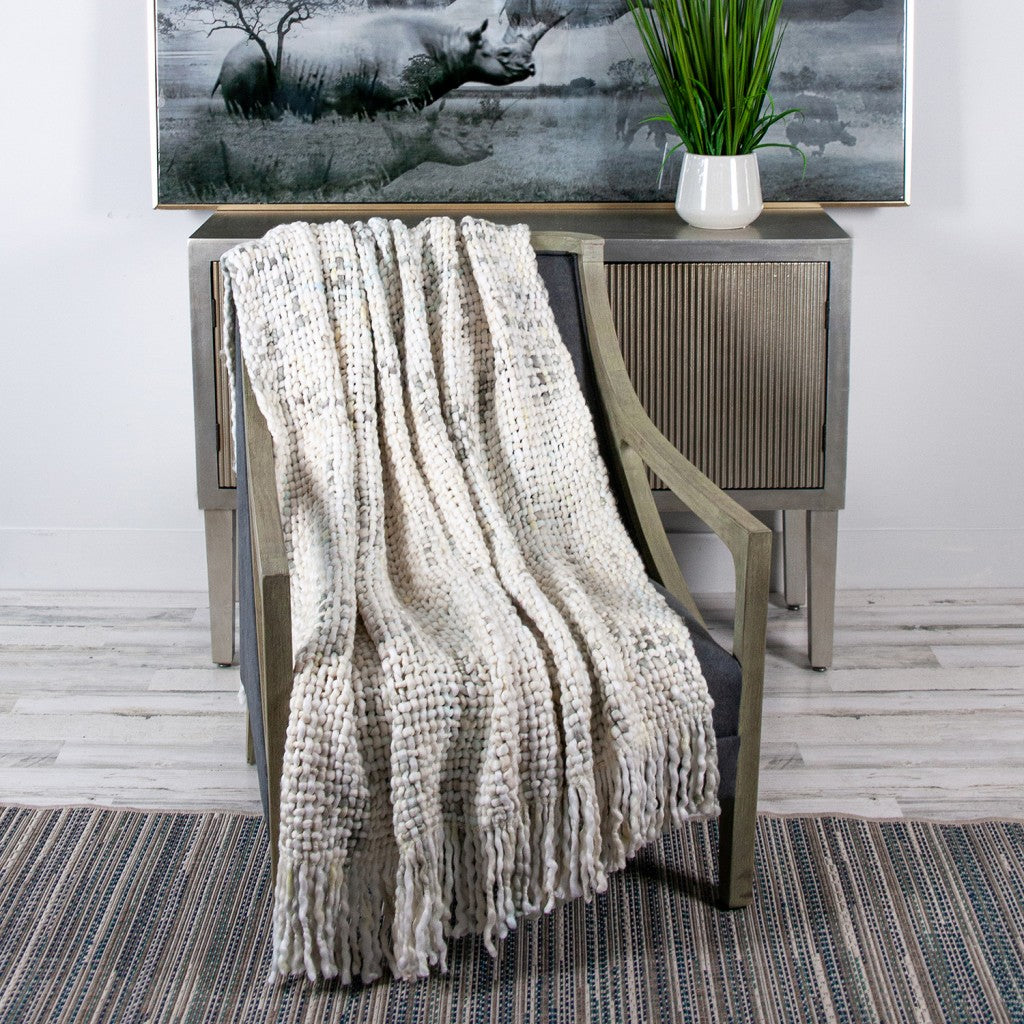 50" X 60" White and Natural Basketweave Acrylic Plush Throw Blanket with Tassels