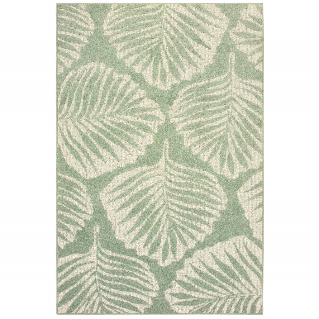 10' X 13' Green and Ivory Floral Indoor Outdoor Area Rug