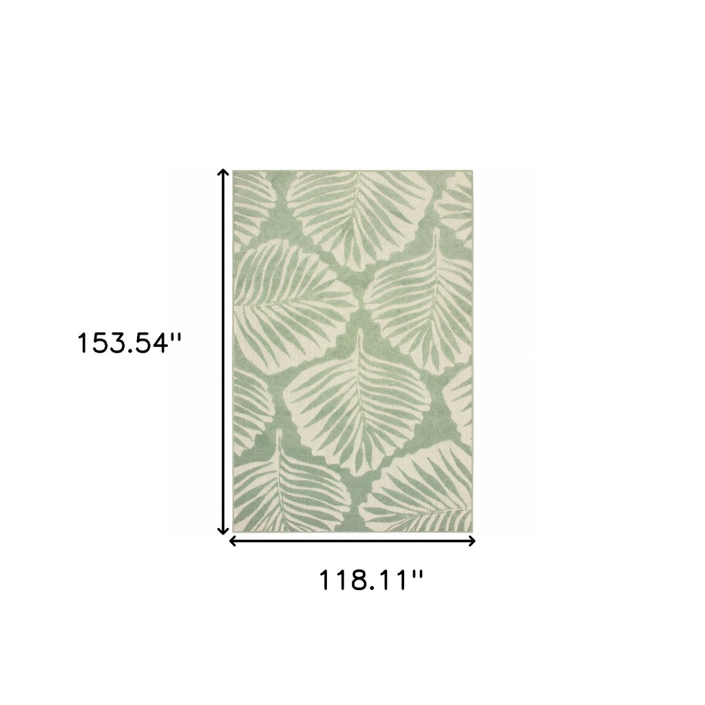 10' X 13' Green and Ivory Floral Indoor Outdoor Area Rug