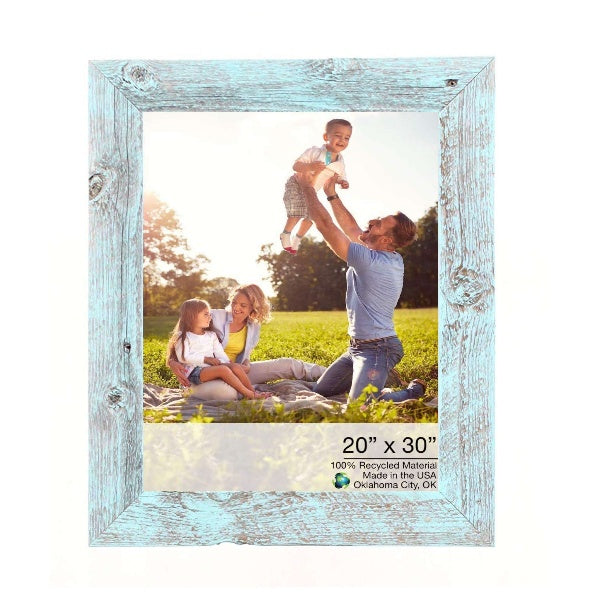 LuxxHomes  20" X 30" Rustic Farmhouse Light Aqua Blue Wood Frame