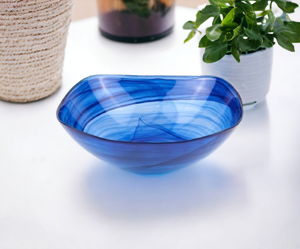 10" Modern Soft Square Blue Swirl Glass Bowl