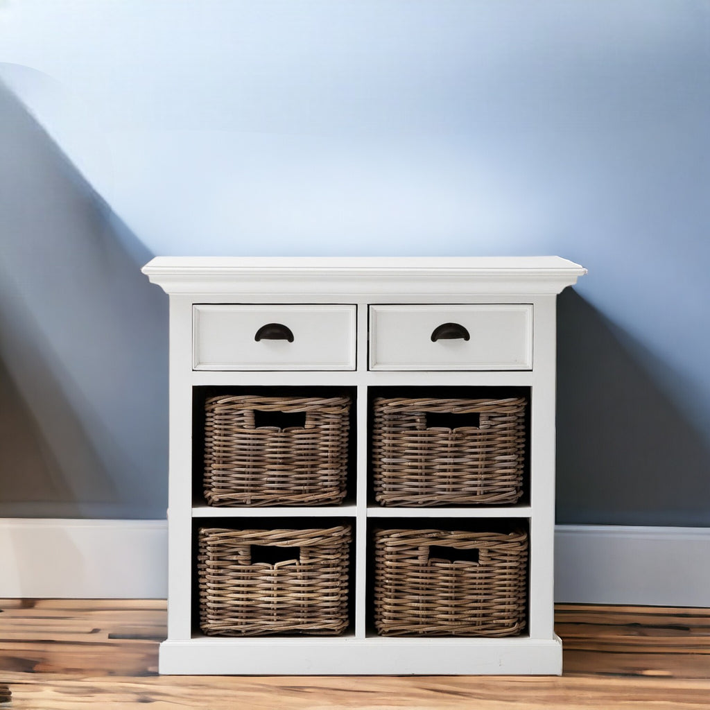 35" White Accent Cabinet With Two Drawers and Baskets