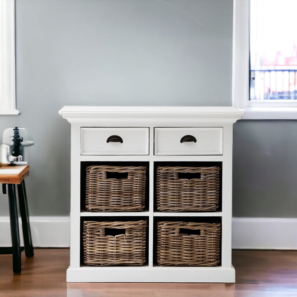 35" White Accent Cabinet With Two Drawers and Baskets