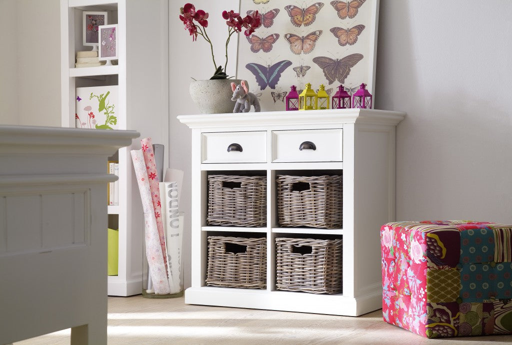 35" White Accent Cabinet With Two Drawers and Baskets