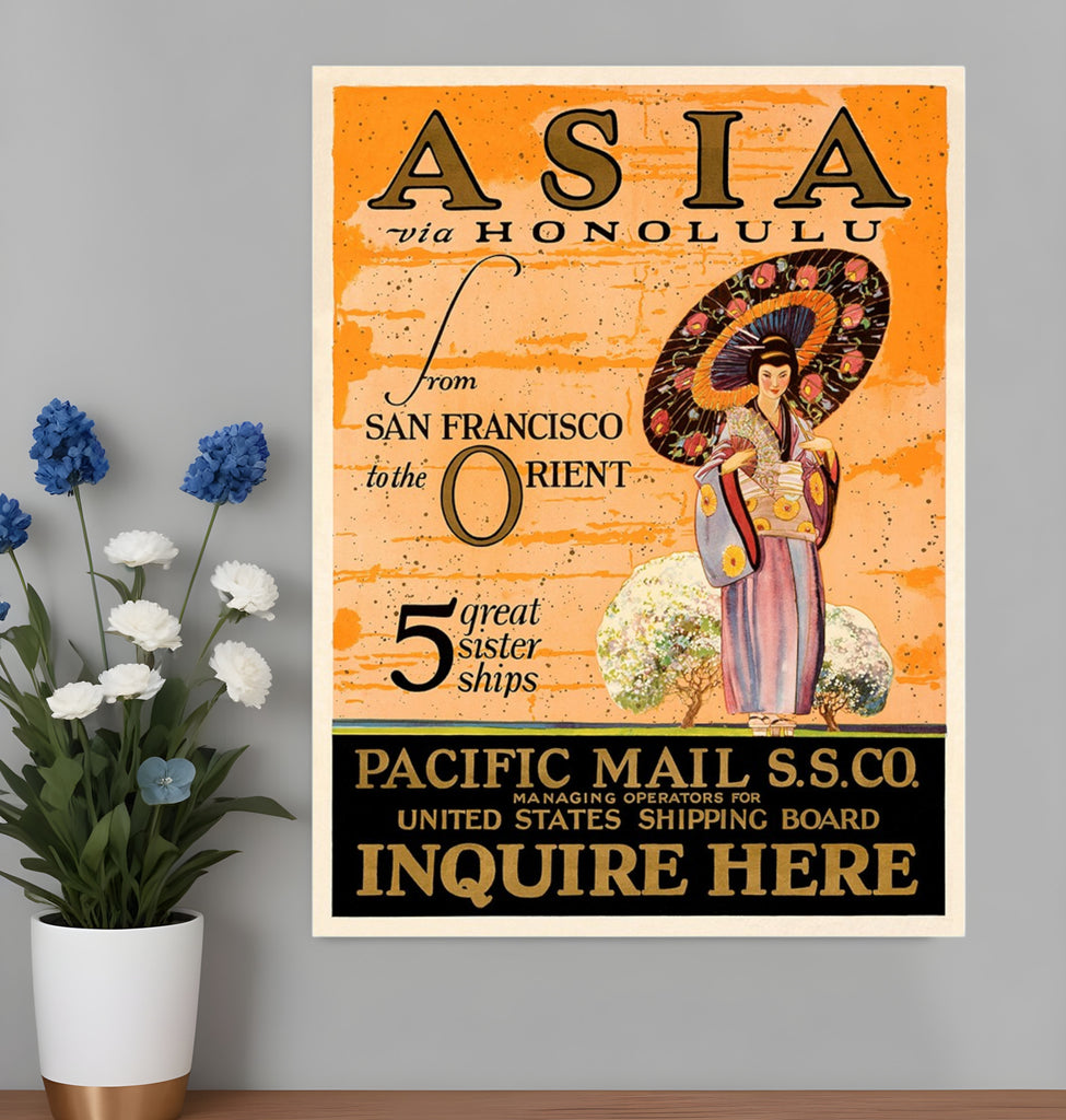 Asia via Honolulu Vintage Travel Unframed Print Wall Art