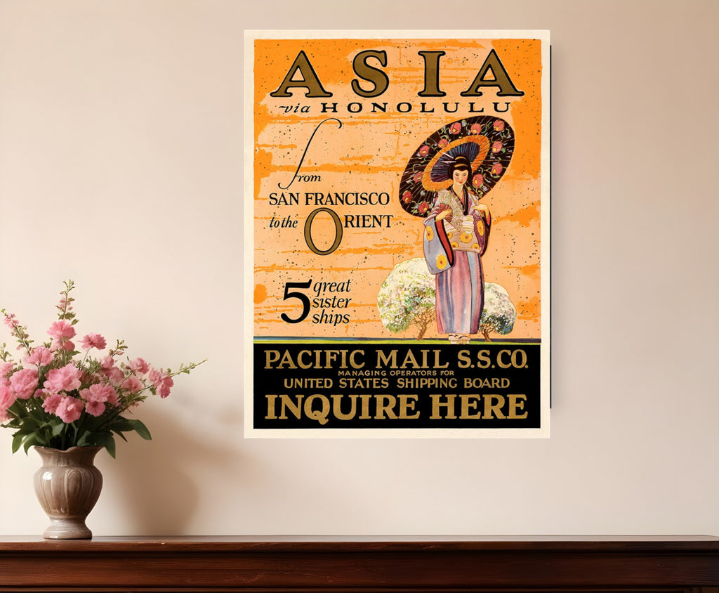 Asia via Honolulu Vintage Travel Unframed Print Wall Art