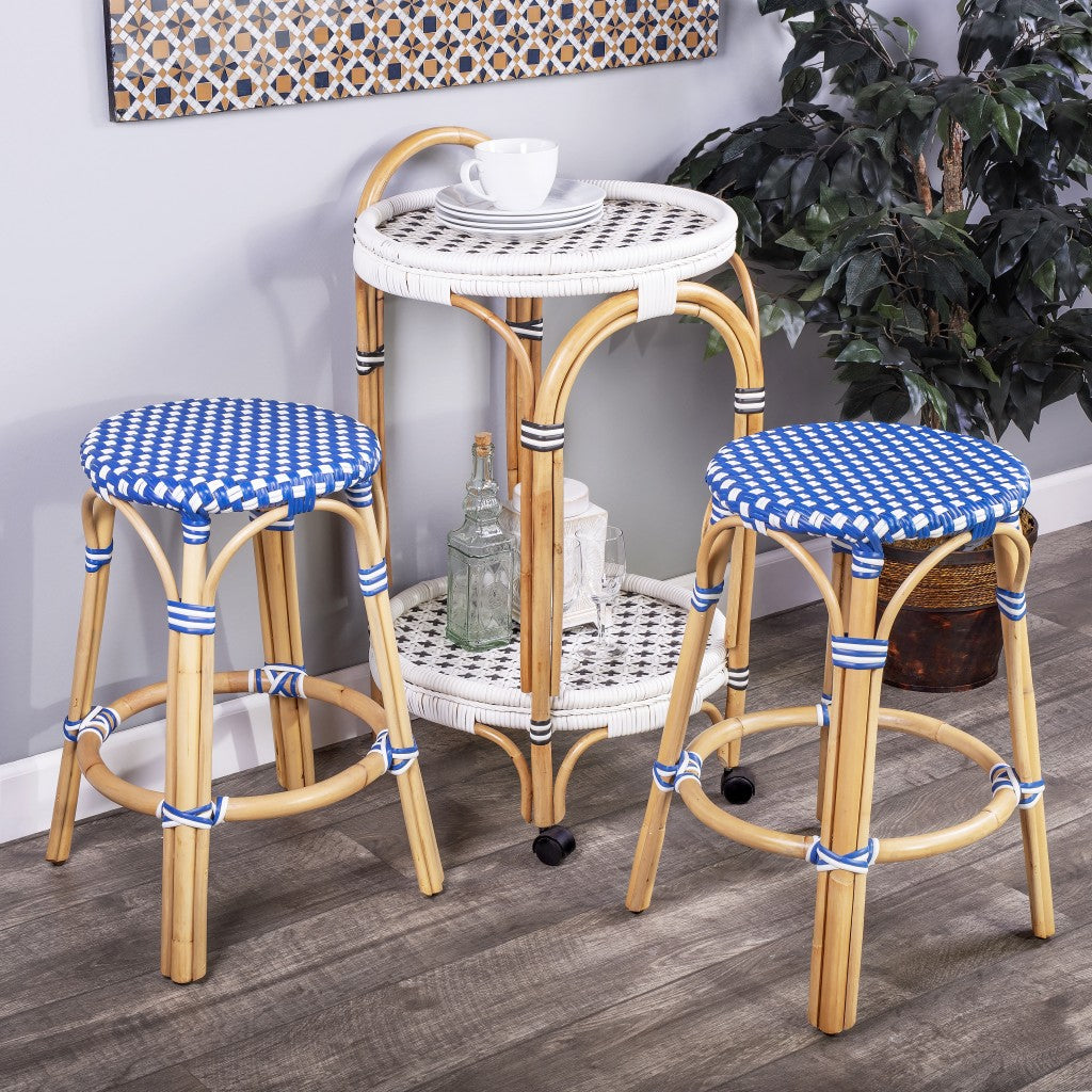 24" Blue And Wood Brown Heavy Duty Plastic And Rattan Backless Counter Height Bar Chair