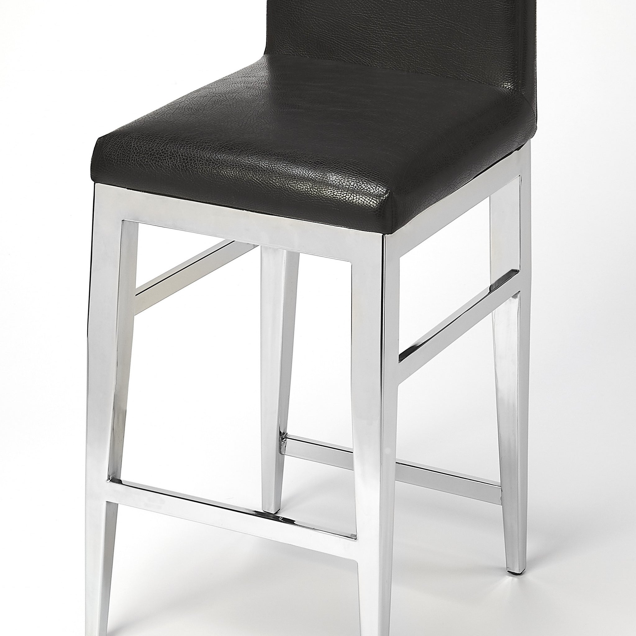 25" Black And Silver Metallic Faux Leather And Steel Bar Chair