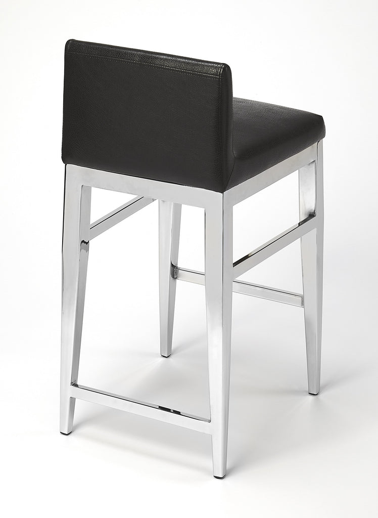 25" Black And Silver Metallic Faux Leather And Steel Bar Chair