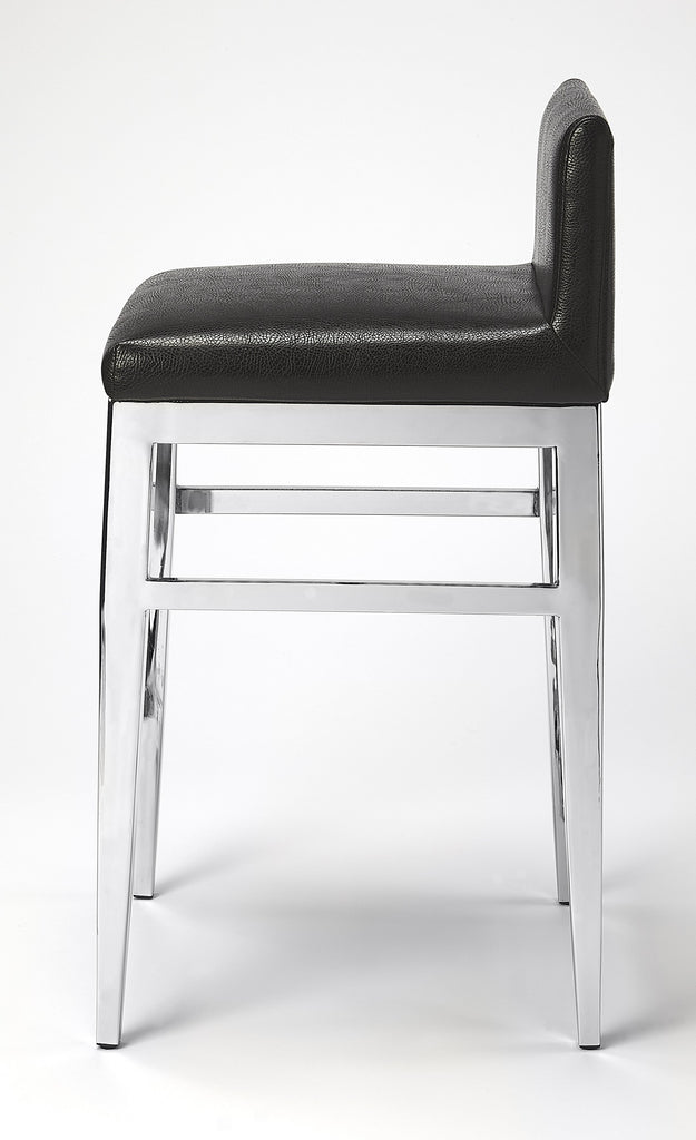 25" Black And Silver Metallic Faux Leather And Steel Bar Chair