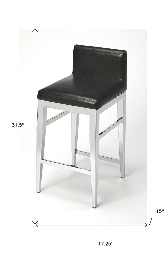 25" Black And Silver Metallic Faux Leather And Steel Bar Chair