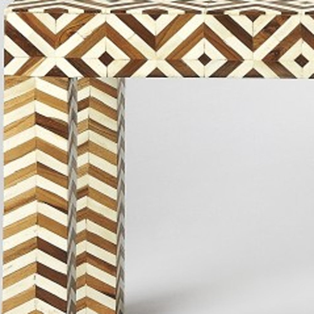 Geo And Chevron Teak And Bone Inlay Bench