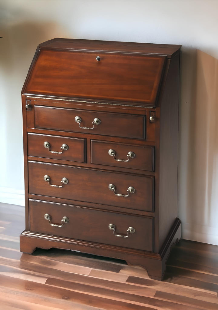 26" Brown Rubberwood Wood Secretary Desk With Five Drawers