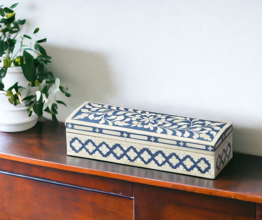 12" Ivory and Blue Bone Inlay Storage Box