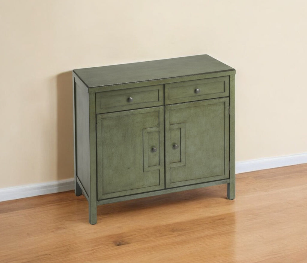 31" Green Solid Wood Two Drawer Sideboard with Two Doors