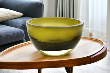 LuxxHomes  6" Moss Green Mouth Blown Crystal Thick Walled Bowl