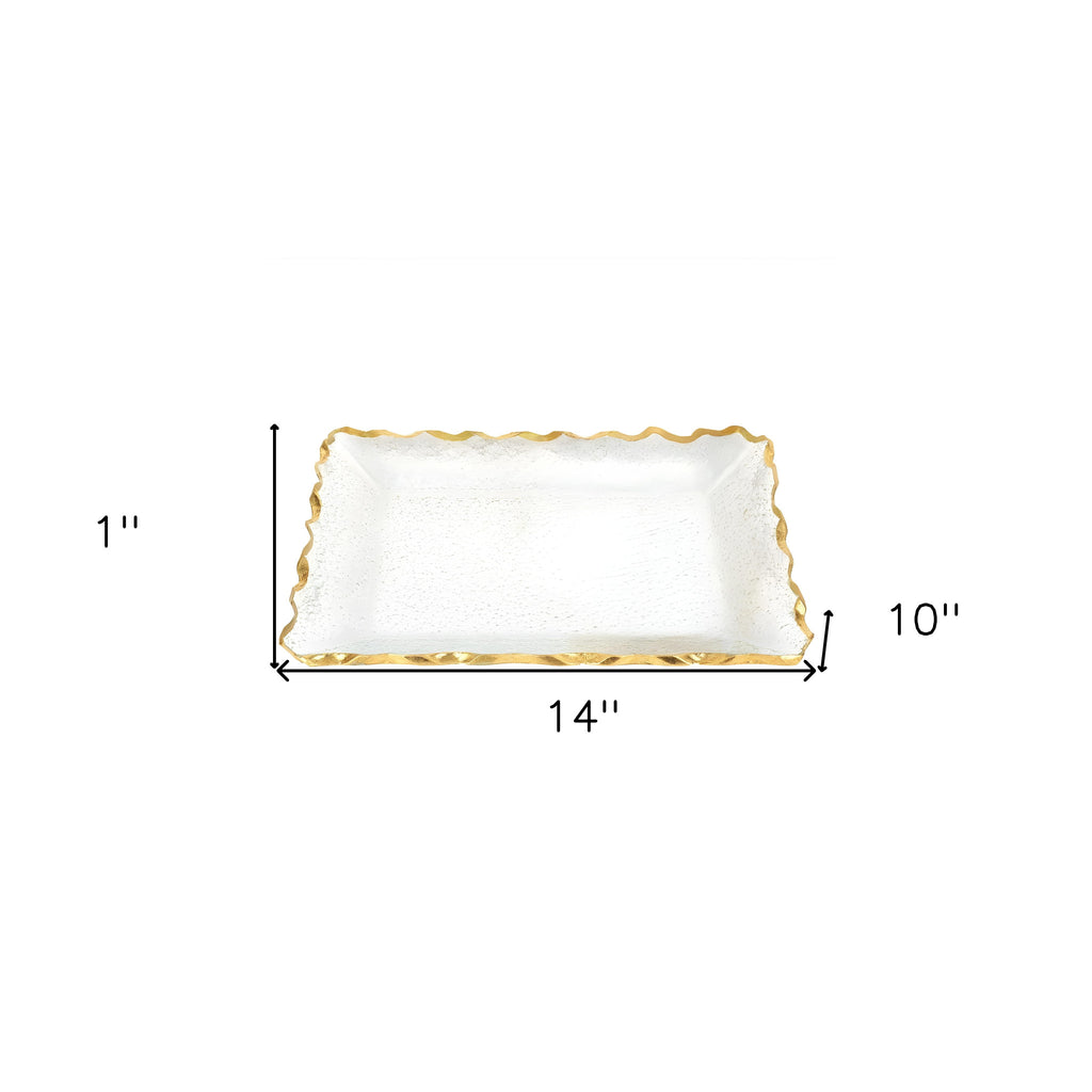 14" Clear and Gold Bubble Glass Scalloped Rim Rectangular Tray