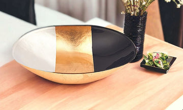 LuxxHomes  12" Gold Black and White Oval Glass Serving Bowl