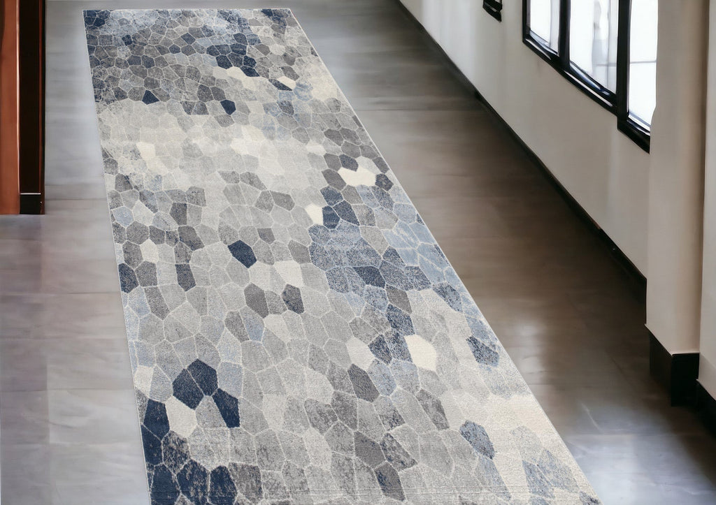 10' Blue and Ivory Geometric Cobblestone Runner Rug