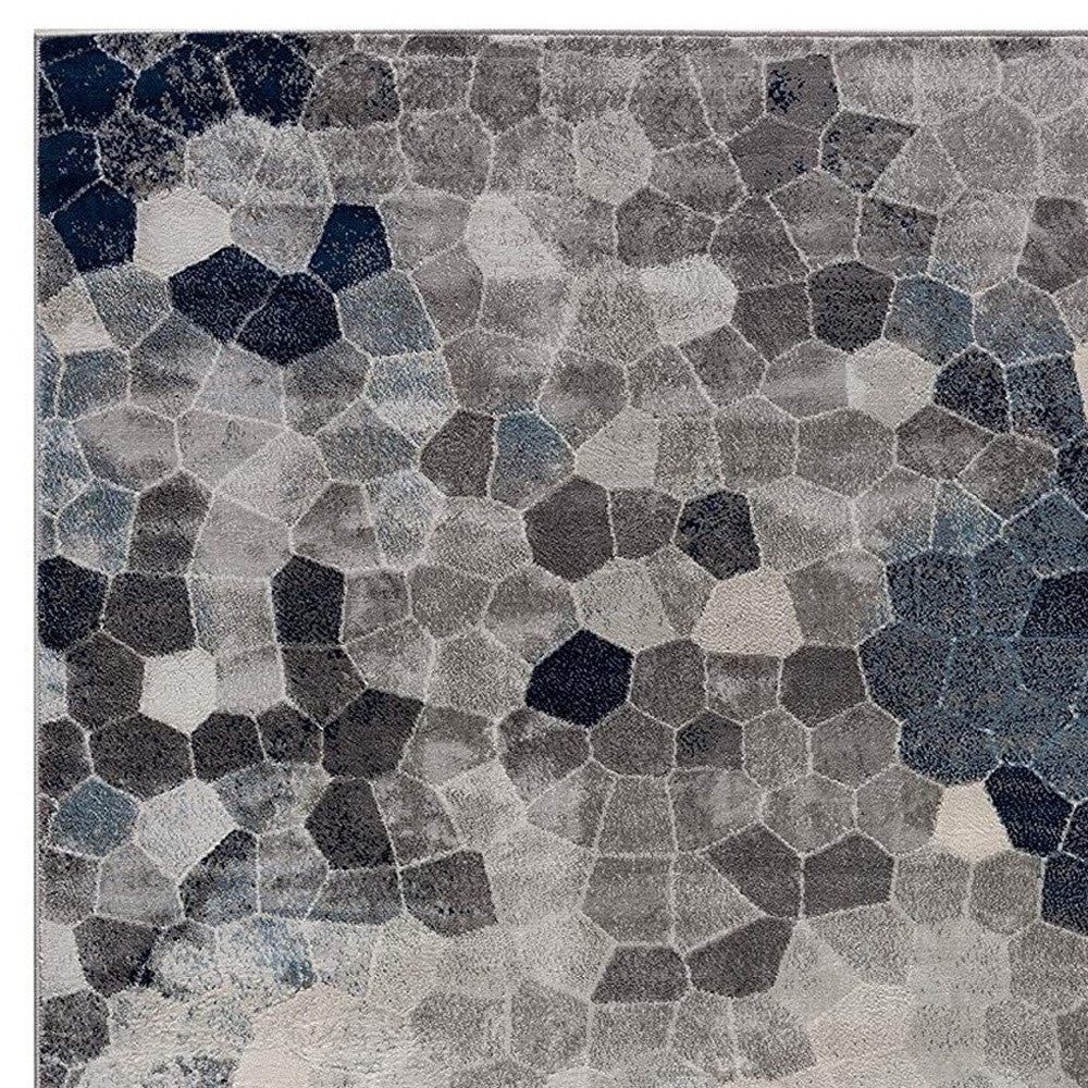 10' Blue and Ivory Geometric Cobblestone Runner Rug