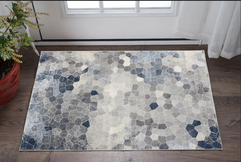 10' Blue and Ivory Geometric Cobblestone Runner Rug