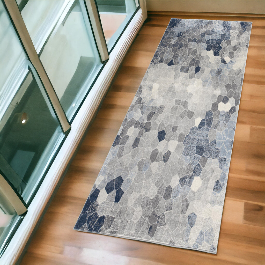 10' Blue and Ivory Geometric Cobblestone Runner Rug