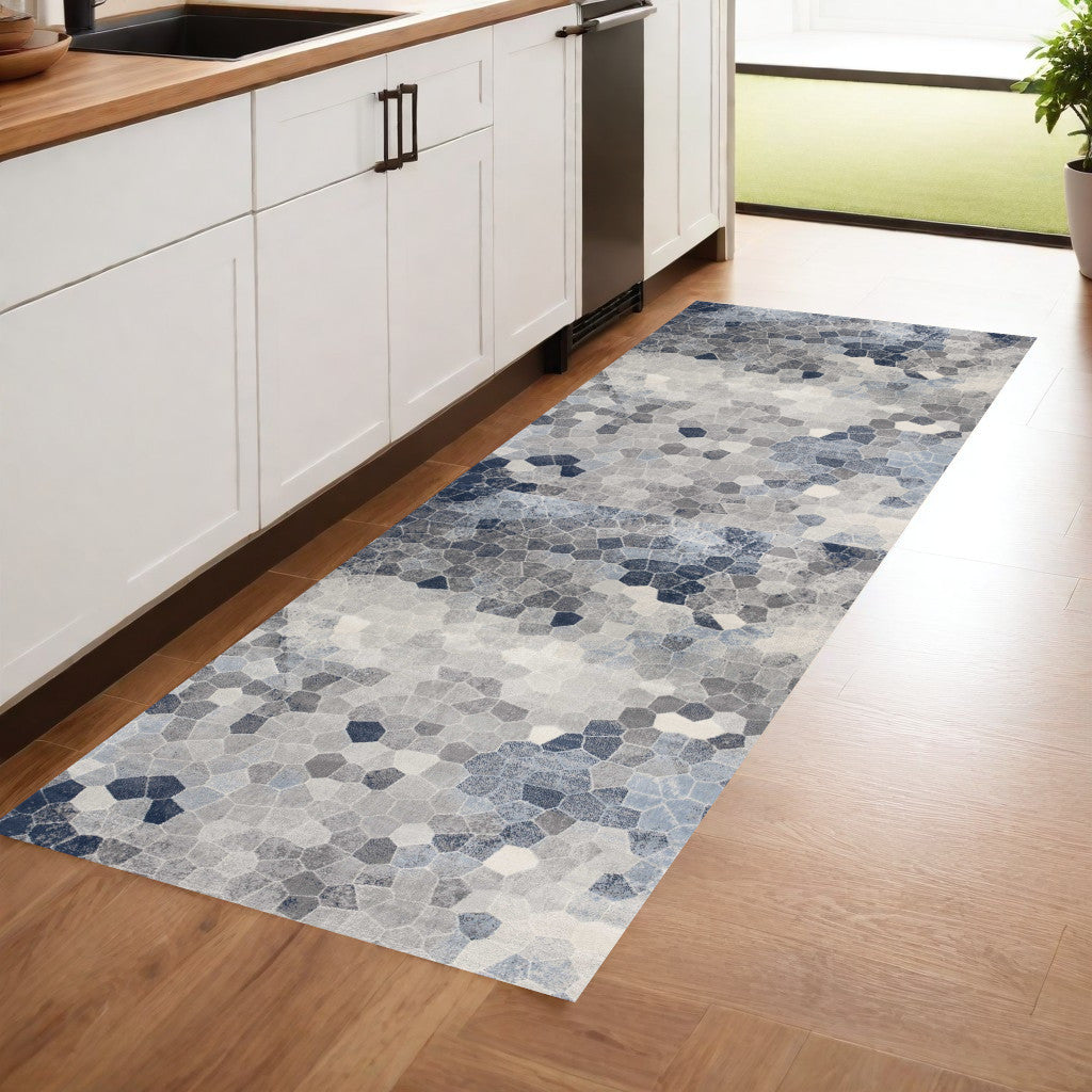 10' Blue and Ivory Geometric Cobblestone Runner Rug