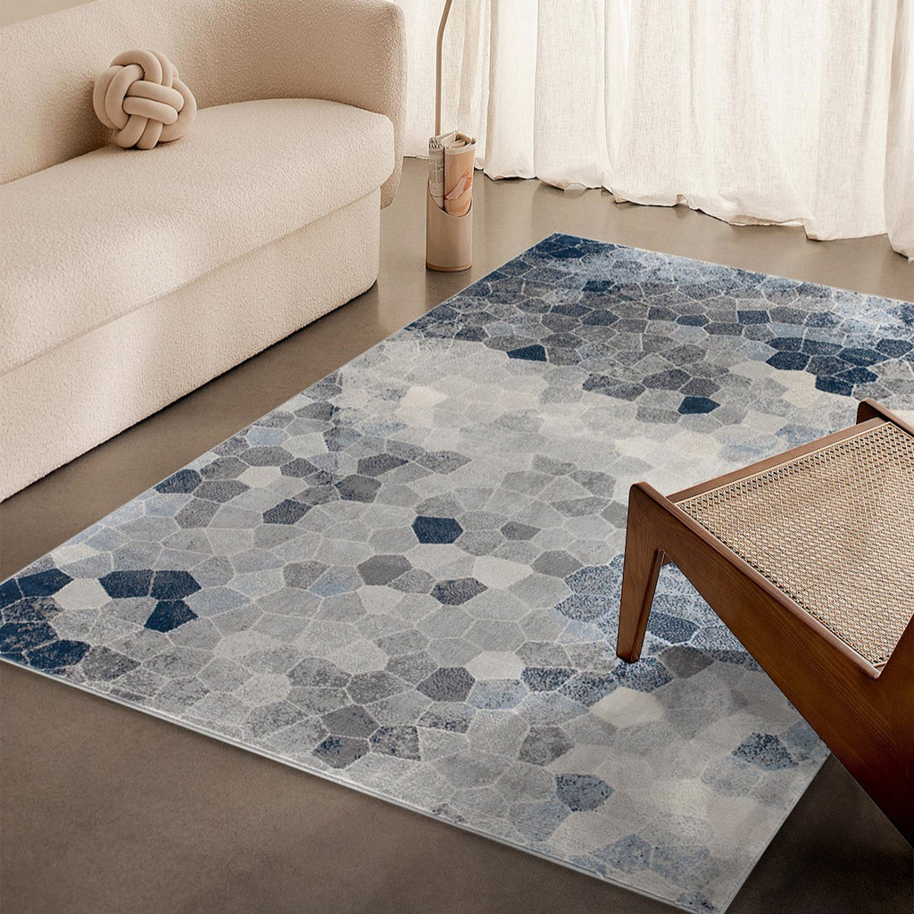 10' Blue and Ivory Geometric Cobblestone Runner Rug